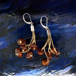 Náušnice stříbrné - Jantar střapce